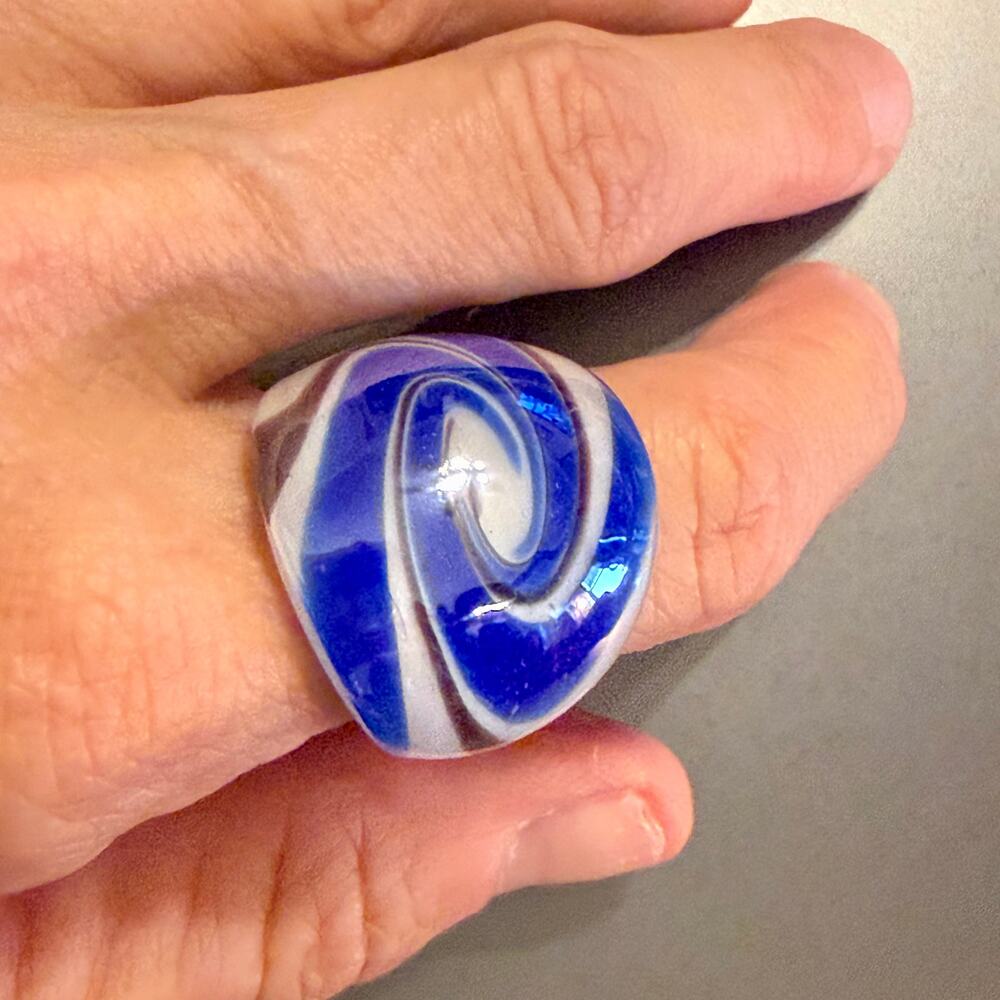 Colorful Murano Style Blue & White Swirly Artisan Glass Ring
